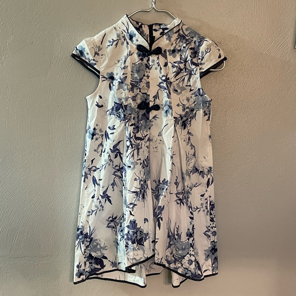 Anta Kids Blue & White Floral Cheongsam Qipao Dress Size 12/14 Petite XS